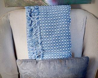 Blue gingham armchair with white trim/welting