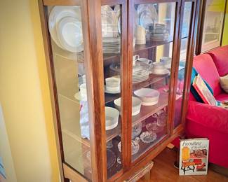 Antique china cabinet with glass front and sides, filled with Block Spal "Grey Dawn" china