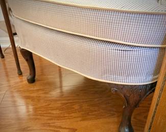 Blue gingham armchair with white trim/welting