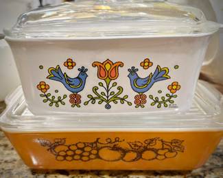 Vintage Corningware "Country Festival" and Pyrex "Old Orchard" covered casserole dishes