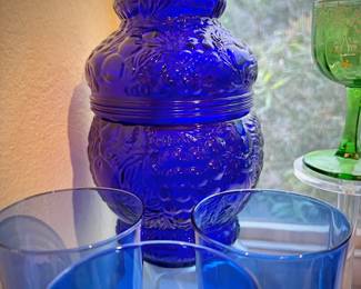 Vintage cobalt blue glass with grapes 