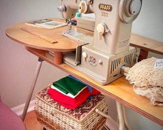 Vintage late 1950s Pfaff 332 sewing machine with MCM wood and metal table