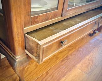 Antique glass china cabinet with bottom drawer