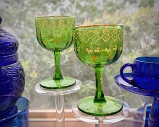 Vintage Bohemian Czech green and gold glasses