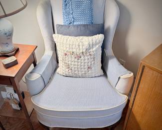 Blue gingham armchair with white trim/welting
