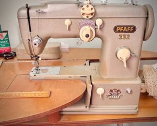 Vintage late 1950s Pfaff 332 sewing machine with MCM wood and metal table