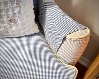 Blue gingham armchair with white trim/welting
