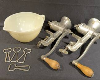Vintage Universal Meat Grinders Fire King MixingMeasuring Bowl CocaCola Bottle Opener