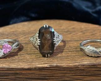 Sterling Smokey Quartz Ring Topaz And Pink Sapphire Heart Ring And Grape Leaf Ring