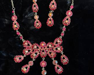 Pink Rhinestone Statement Necklace And Earrings
