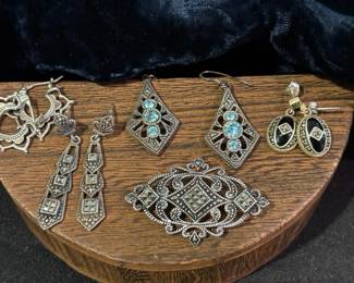 Sterling Malachite Art Deco Brooch And Earrings