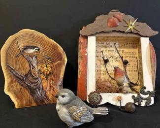 Painting On Wood Mixed Media Bird Shadow Box And Figurine