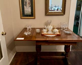 Antique Draw Leaf table, antique mirror, picture, 3 pc teaset,  crystal items, Waterford clock