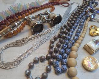 Opera glasses - SOLD, necklaces including a 50 strand liquid silver piece