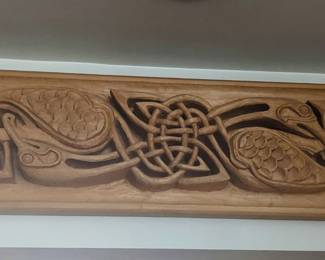 Large Lindisfarne (Holy Island) wood carving based on a Viking age image, Celtic in style.  approximately 3 feet across