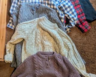 Flannel shirts including Pendleton, great preppy sweaters, a vintage Patagonia polar fleece