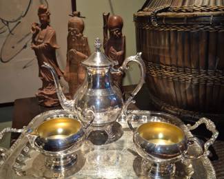 Silver Tea Set Carve Asian Deity's Japanese baskets