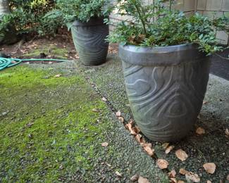 Large assortment of ceramic outdoor pots and yard tools