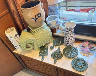 Siam Celadon elephant plant stand, antique stoneware cast iron trivets,