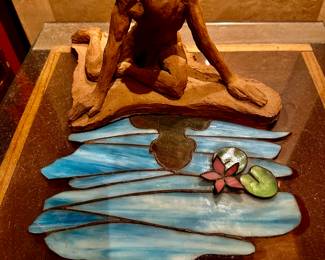Original clay sculpture with stained glass reflection signed Scannell