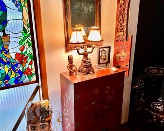 Oriental cabinet, Hitchcock style mirror, Chinese garden stool and large head vase/planter