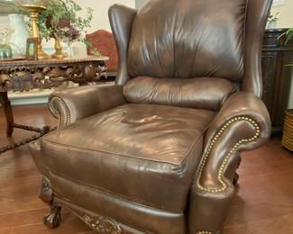 We have two of these oversized, beautiful, custom, leather and nailhead accent, reclining wing back chairs.