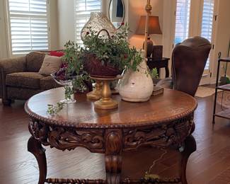 Incredible French oak round table dining conservatory/library entryway. This is a piece! Beautiful barley, twist legs, coat of arms carved.