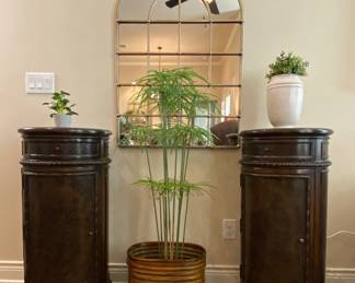 Drum style cabinets, solid wood, single drawer with lower cabinet. Beautiful arched mirror and heavy metal frame.