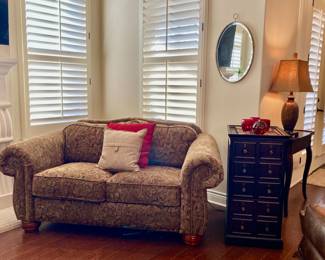 La-Z-Boy Brand, super comfy and clean, pristine loveseat. There are two of these. Rolling wood cabinet with drawers Would be great for office and or bar or both