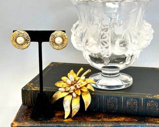 Lalique Dampierre vase, vintage St. John brooch, vintage Givenchy earrings