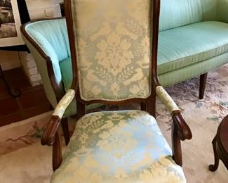 Louis XV Style chair upholstered in premium silk designer fabric. 