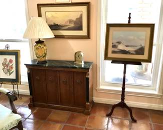 Empire Walnut and marble top console. Hand painted ginger jar lamp. 