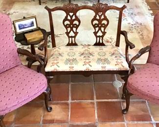 Georgian Settee/Bench carved with ball and claw feet. Queen Anne style mahogany chairs