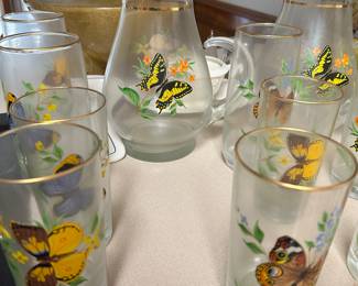 Vintage butterfly design, glasses, and pitcher 