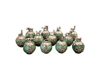 Tibetan Marked Silver & Jade Zodiac Fengshui Ball Set