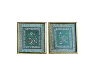 Framed Hand Embroidered Silk Textiles, Pair