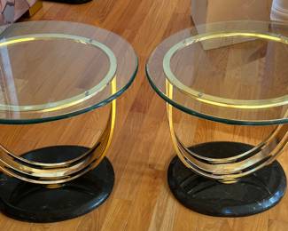 Modern End Tables 22"H 23"D 26"L Glass, Solid Brass, and Marble Base. Like Brand New Condition.