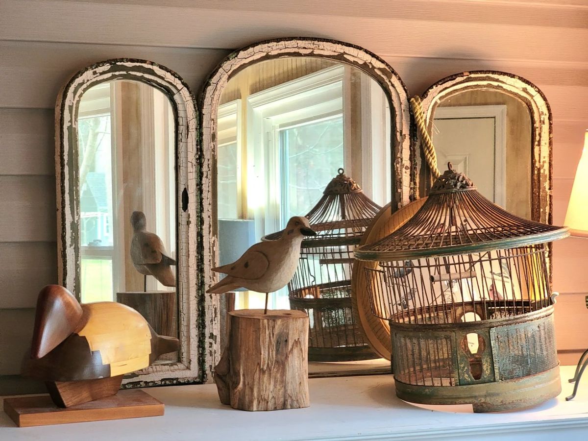 Chippy trifold mirror carved wood birds and metal birdcage 