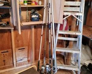 Fishing rods and reels, dip net and cooler. Aluminum step ladder