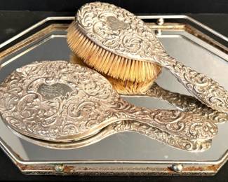Sterling silver mirror and brush set