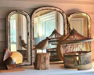 Chippy trifold mirror carved wood birds and metal birdcage 