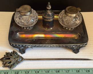 Silverplate and crystal inkwell set vintage letter opener