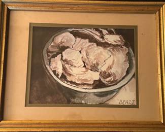Original watercolor painting of oysters in bucket by Elaine Tait, artist, signed "Brazz"