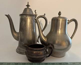 Pewter coffee pot and German silver creamer