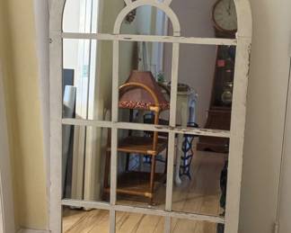 Tall distressed finish arched window design mirror