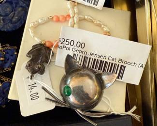 14k Pearl Drop Earrings, JoPol George Jensen Cat Brooch (A)