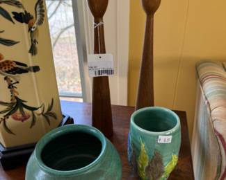 MCM Wood Tulip Candlestick Holders, Pottery