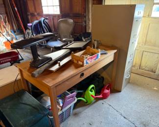 Wood Desk, Filing Cabinet, Watering Cans
