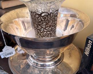 Stieff Sterling Punch Bowl (BL), Sterling & Etched Glass Vase (BL)