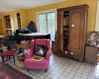 Wingback Chair, Area Rug, Handwoven Bolga Basket